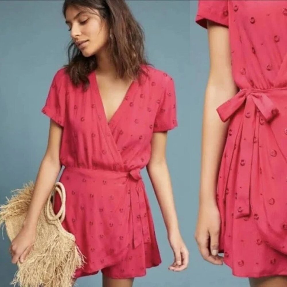 ETT:TWA by Anthropologie | Pink Greenbrier Embroidery Wrap V-neck Romper | L